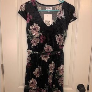 Velvet Floral Dress with Waist Tie